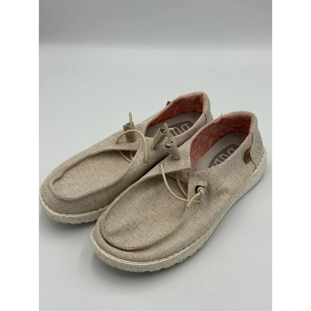 Hey Dude Wendy Women's Sz 6 Chambray White Nut Slip On Comfort Casual Flat Shoes